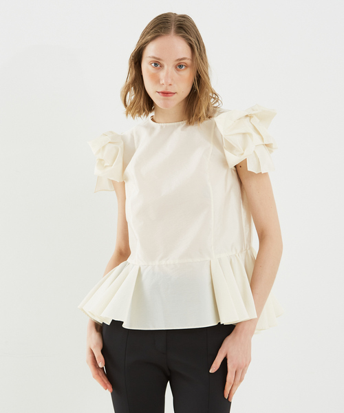 DESIGNWORKS(デザインワークス)の「袖リボンブラウス(シャツ/ブラウス・レディース・グリーン/オフホワイト・38)」の5枚目の写真