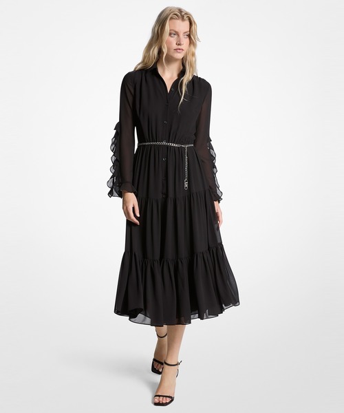 MICHAEL KORS(マイケルコース)の「ラッフル スリーブ ミディ ドレス(シャツワンピース・レディース・ブラック・XS/XXS/S)」の1枚目の写真