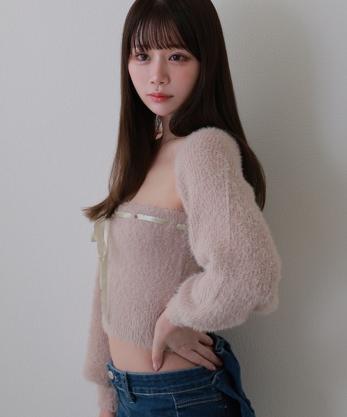 M DOLLY(エムドリー)の「ribbon soffice knit tops / リボンソッフィチェニットトップス(ニット/セーター・レディース・ベージュ/ブラック/グレー・FREE)」の1枚目の写真
