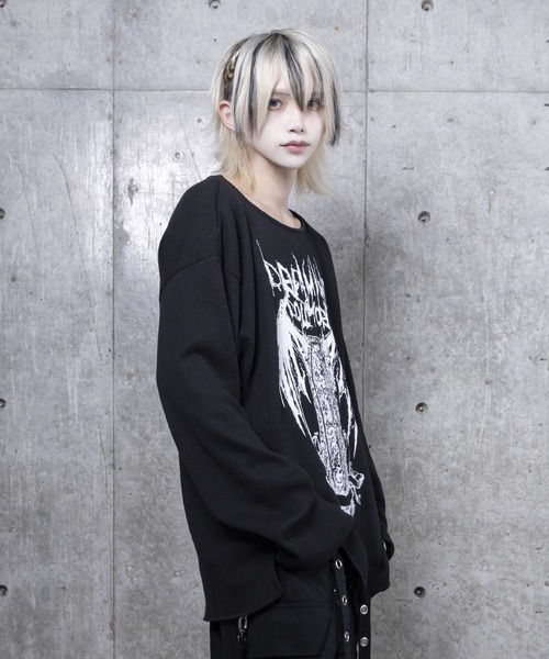 Amilige(アミリージュ)の「ワッフルコウモリプリントトップス(Tシャツ/カットソー・レディース・ブラック/ホワイト・FREE)」の3枚目の写真