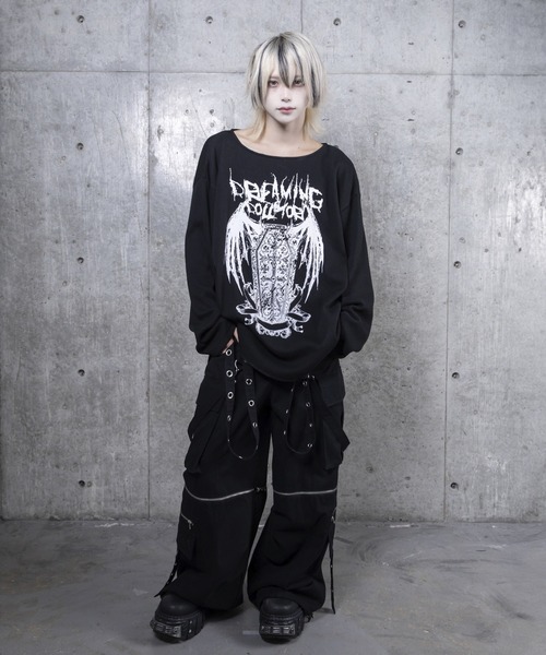 Amilige(アミリージュ)の「ワッフルコウモリプリントトップス(Tシャツ/カットソー・レディース・ブラック/ホワイト・FREE)」の4枚目の写真