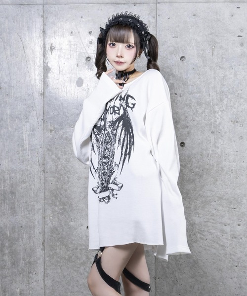 Amilige(アミリージュ)の「ワッフルコウモリプリントトップス(Tシャツ/カットソー・レディース・ブラック/ホワイト・FREE)」の5枚目の写真
