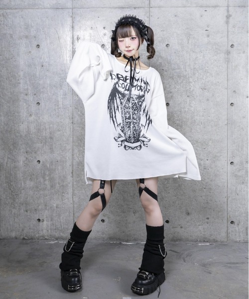 Amilige(アミリージュ)の「ワッフルコウモリプリントトップス(Tシャツ/カットソー・レディース・ブラック/ホワイト・FREE)」の7枚目の写真