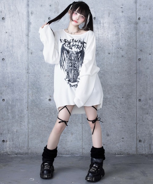 Amilige(アミリージュ)の「ワッフルコウモリプリントトップス(Tシャツ/カットソー・レディース・ブラック/ホワイト・FREE)」の17枚目の写真