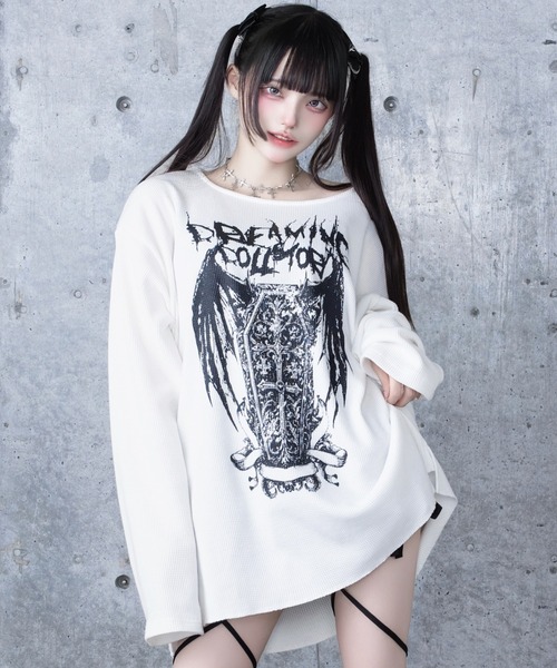 Amilige(アミリージュ)の「ワッフルコウモリプリントトップス(Tシャツ/カットソー・レディース・ブラック/ホワイト・FREE)」の14枚目の写真