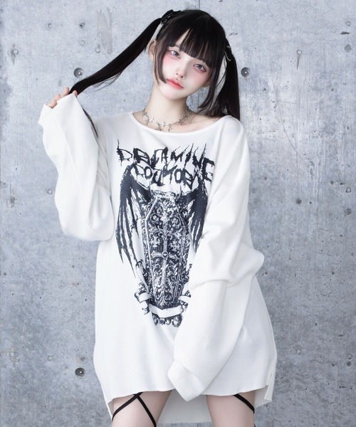 Amilige(アミリージュ)の「ワッフルコウモリプリントトップス(Tシャツ/カットソー・レディース・ブラック/ホワイト・FREE)」の13枚目の写真