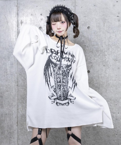 Amilige(アミリージュ)の「ワッフルコウモリプリントトップス(Tシャツ/カットソー・レディース・ブラック/ホワイト・FREE)」の18枚目の写真
