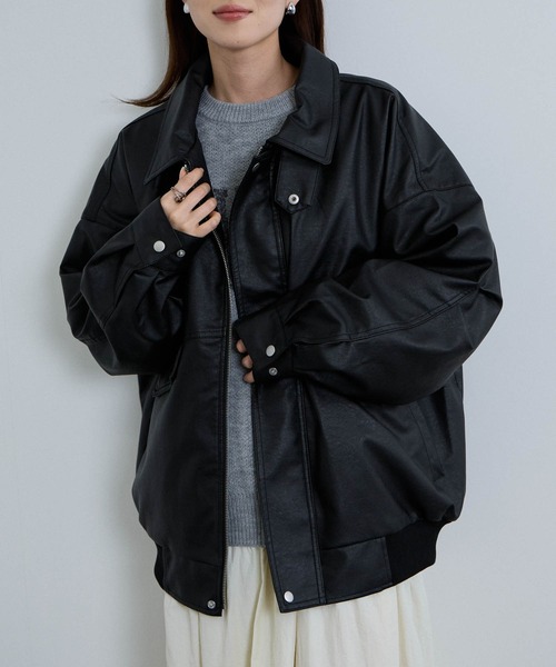 NAVY レザー風オーバーシルエットブルゾン（ブルゾン）｜NAVY