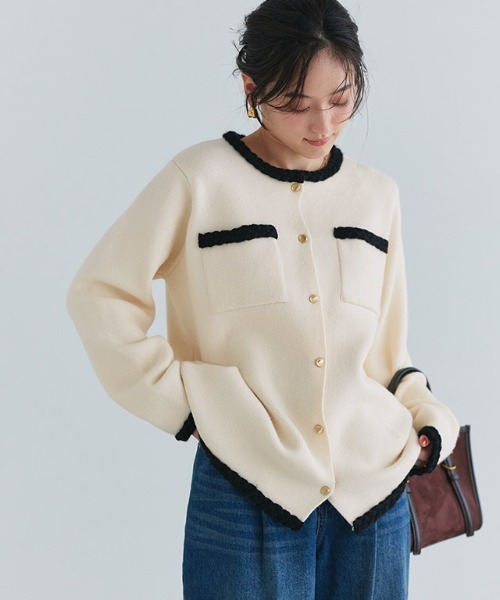 ゴールドボタン配色ニットジャケット（カーディガン/ボレロ）｜Pierrot