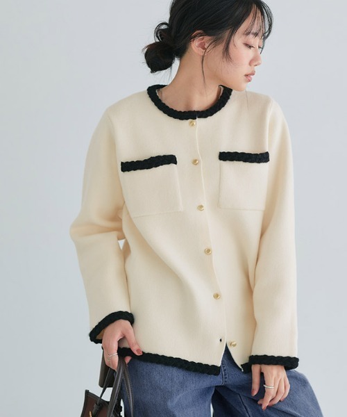 ゴールドボタン配色ニットジャケット（カーディガン/ボレロ）｜Pierrot