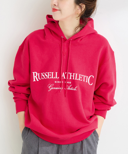 Russell Athletic(ラッセルアスレティック)の「RUSSELL ATHLETIC / ラッセル・アスレティック 別注 裏毛ロゴフーディー(スウェット・レディース・チャコールグレー/ブルー/ブラック/ホワイト/レッド・FREE)」の5枚目の写真