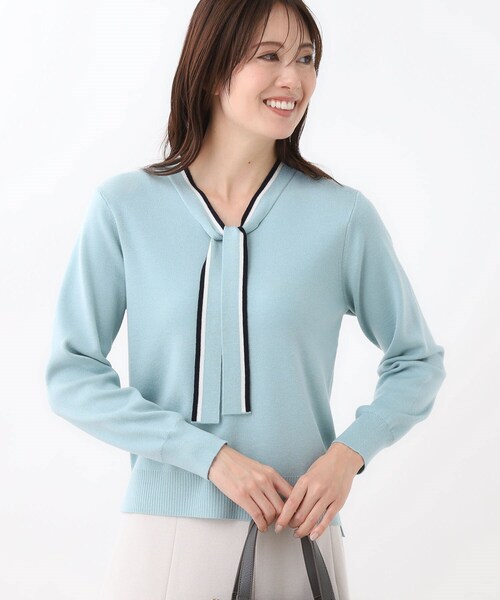 セール】【秋映え／なめらかな着心地】バイカラーボウタイ付きニット