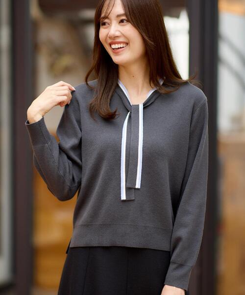 Reflect（リフレクト）の「【秋映え／なめらかな着心地】バイカラーボウタイ付きニット（ニット/セーター・レディース・グレー系その他5/ホワイト系7/ブルーグリーン/ブラック系4/パープル系1・11/09/07/05/15 /13）」の8枚目の写真