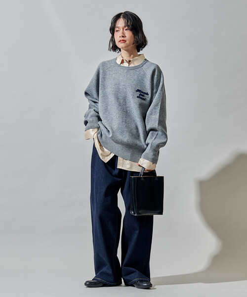 Askyy アスキー ラグラン ニット グレー セール】ブラシ刺繍 ラグランニット/ スウェットライクニット（ニット