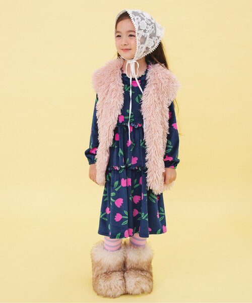 BREEZE（ブリーズ）の「【WEB限定/ジュニア対応】レトロ総柄ベロアワンピース（ワンピース・キッズ・イエロー/ネイビー/オフホワイト・100/120/110/90/140/130）」の7枚目の写真