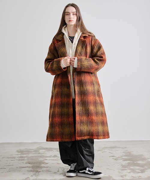 Revo. オーバーサイズ シャギーチェック ダブルブレスト ロングコート