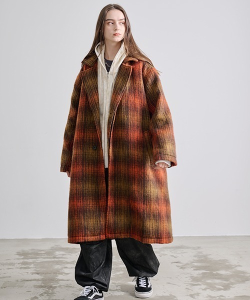 Revo. オーバーサイズ シャギーチェック ダブルブレスト ロングコート