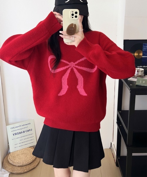 Miniministore（ミニミニストア）の「セーター レディース リボン柄 韓国風（ニット/セーター・レディース・ブラック/グレー/レッド/オレンジ/アイボリー/ライトベージュ・FREE）」の5枚目の写真