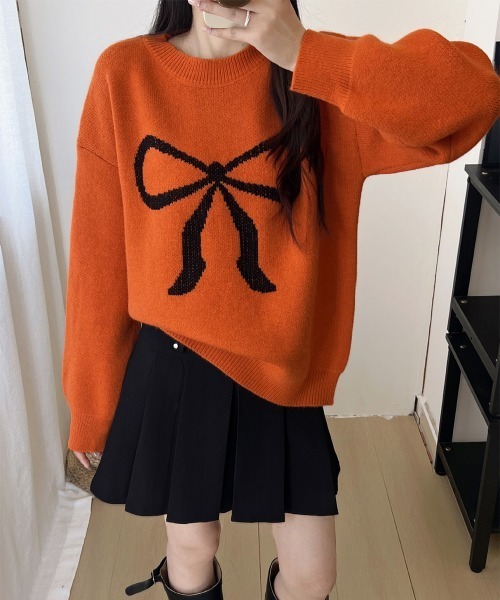 Miniministore（ミニミニストア）の「セーター レディース リボン柄 韓国風（ニット/セーター・レディース・ブラック/グレー/レッド/オレンジ/アイボリー/ライトベージュ・FREE）」の6枚目の写真