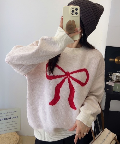 Miniministore（ミニミニストア）の「セーター レディース リボン柄 韓国風（ニット/セーター・レディース・ブラック/グレー/レッド/オレンジ/アイボリー/ライトベージュ・FREE）」の11枚目の写真