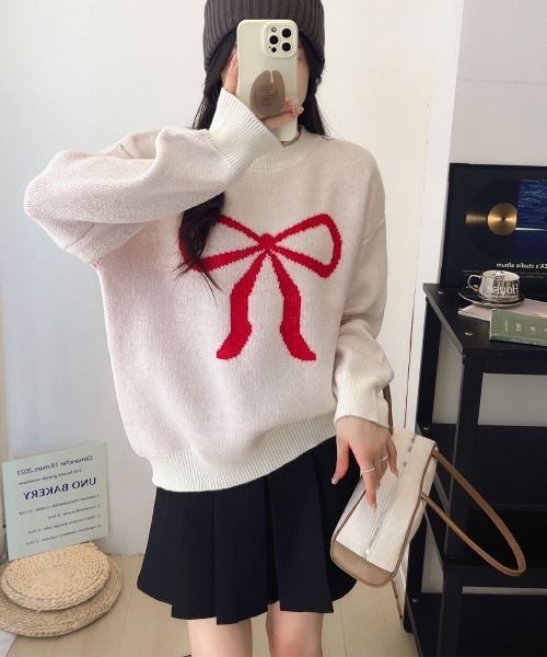 Miniministore（ミニミニストア）の「セーター レディース リボン柄 韓国風（ニット/セーター・レディース・ブラック/グレー/レッド/オレンジ/アイボリー/ライトベージュ・FREE）」の10枚目の写真