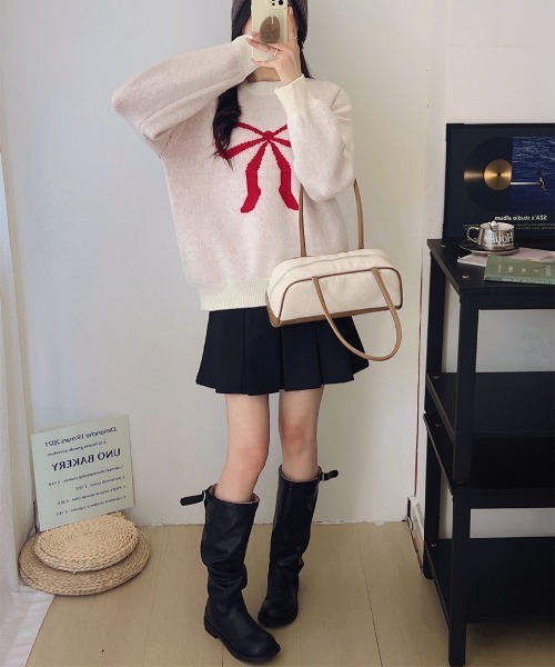 Miniministore（ミニミニストア）の「セーター レディース リボン柄 韓国風（ニット/セーター・レディース・ブラック/グレー/レッド/オレンジ/アイボリー/ライトベージュ・FREE）」の9枚目の写真