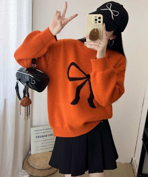 Miniministore（ミニミニストア）の「セーター レディース リボン柄 韓国風（ニット/セーター・レディース・ブラック/グレー/レッド/オレンジ/アイボリー/ライトベージュ・FREE）」の16枚目の写真