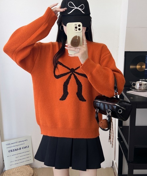 Miniministore（ミニミニストア）の「セーター レディース リボン柄 韓国風（ニット/セーター・レディース・ブラック/グレー/レッド/オレンジ/アイボリー/ライトベージュ・FREE）」の15枚目の写真