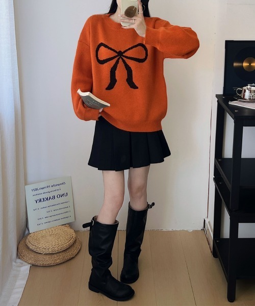 Miniministore（ミニミニストア）の「セーター レディース リボン柄 韓国風（ニット/セーター・レディース・ブラック/グレー/レッド/オレンジ/アイボリー/ライトベージュ・FREE）」の13枚目の写真