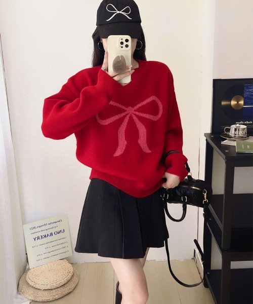 Miniministore（ミニミニストア）の「セーター レディース リボン柄 韓国風（ニット/セーター・レディース・ブラック/グレー/レッド/オレンジ/アイボリー/ライトベージュ・FREE）」の8枚目の写真