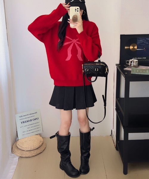 Miniministore（ミニミニストア）の「セーター レディース リボン柄 韓国風（ニット/セーター・レディース・ブラック/グレー/レッド/オレンジ/アイボリー/ライトベージュ・FREE）」の7枚目の写真
