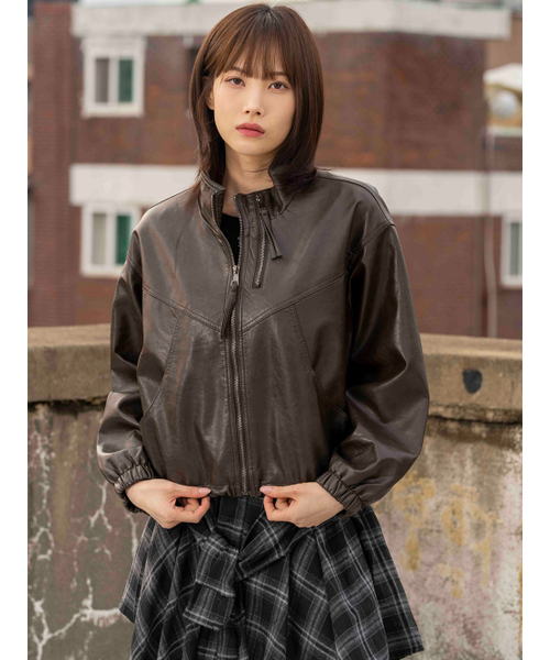 THE GREEN LAB（ザグリーンラボ）の「フェイクレザー ハイネック ジッパーディテールジャケット [ブラウン]（ライダースジャケット・レディース・その他・FREE）」の3枚目の写真