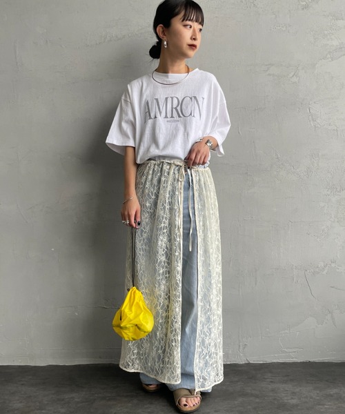 AMERICANA（アメリカーナ）の「[Americana/アメリカーナ] 別注 AMRCN ロゴプリント Tシャツ（Tシャツ/カットソー・レディース・ベージュ/スミクロ/ホワイト・ONE SIZE）」の11枚目の写真