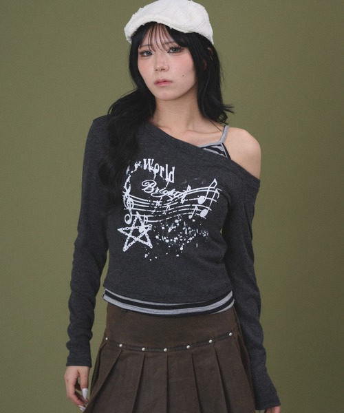dispark(ディスパーク)の「DISPARK/グラフィックオフショルボーダートップ(Tシャツ/カットソー・レディース・ブラウン/チャコール・FREE)」の6枚目の写真