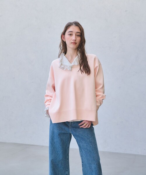 UNITED ARROWS（ユナイテッドアローズ）の「スウェットライク スキッパーニット ‐ウォッシャブル‐（ニット/セーター・レディース・ネイビー/ホワイト/ライトピンク・FREE）」の4枚目の写真