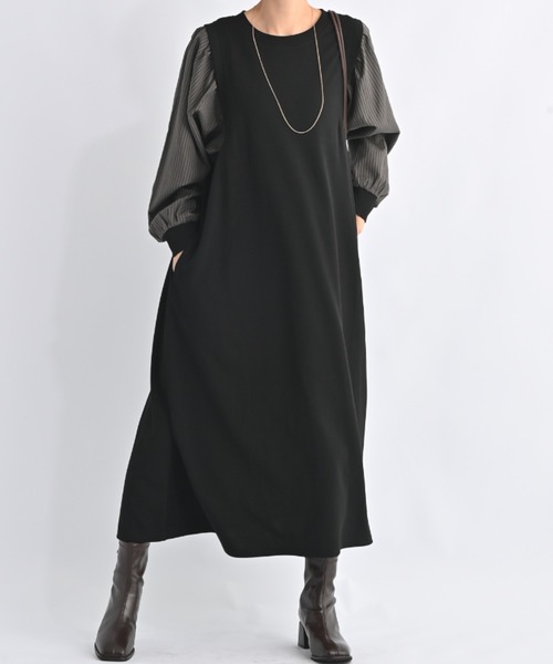 セール】布帛ドッキングレイヤードワンピース ポケット付 ストレッチ