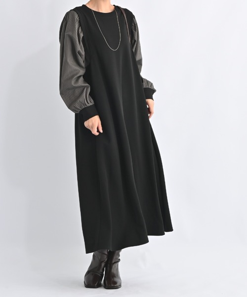 布帛ドッキングレイヤードワンピース ポケット付 ストレッチジャージー