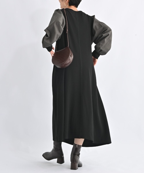セール】布帛ドッキングレイヤードワンピース ポケット付 ストレッチ