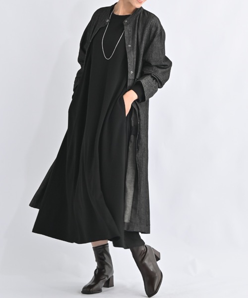 セール】布帛ドッキングレイヤードワンピース ポケット付 ストレッチ