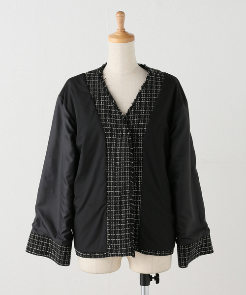 JOURNAL STANDARD（ジャーナルスタンダード）の「ツイードジャケット（ノーカラージャケット・レディース・ブラック/アイボリー・FREE）」の5枚目の写真