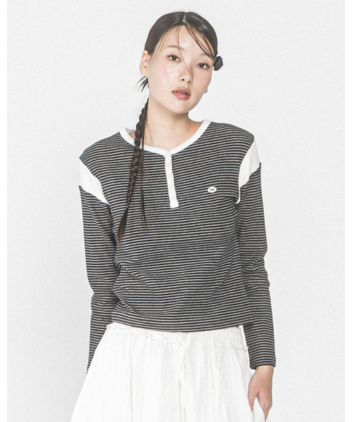 HAVISM（ヘビズム）の「STRIPE SHOULDER BLOCK HENRY L/S TEE(BLACK)（Tシャツ/カットソー・レディース・その他・ONE SIZE）」の3枚目の写真