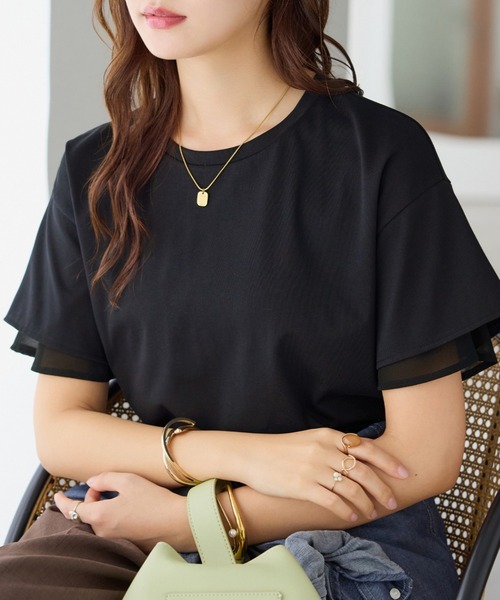 alotta(アロッタ)の「1枚マスト!袖口シフォンフレアスリーブTシャツ<接触冷感>(Tシャツ/カットソー・レディース・ネイビー/ブルー系その他/ピンク/オフホワイト/ブラック・L/LL/M)」の6枚目の写真