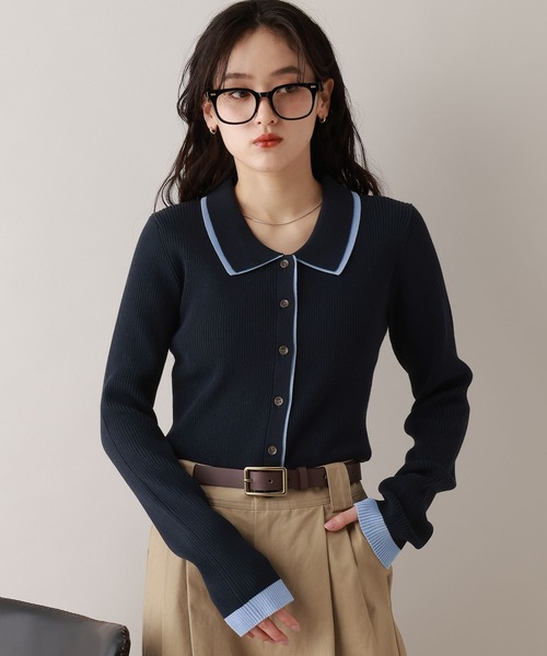 RAGEBLUE(レイジブルー)の「バイカラーリブニットポロカーディガン(カーディガン/ボレロ・レディース・ネイビー/グレー/ホワイト・FREE)」の3枚目の写真