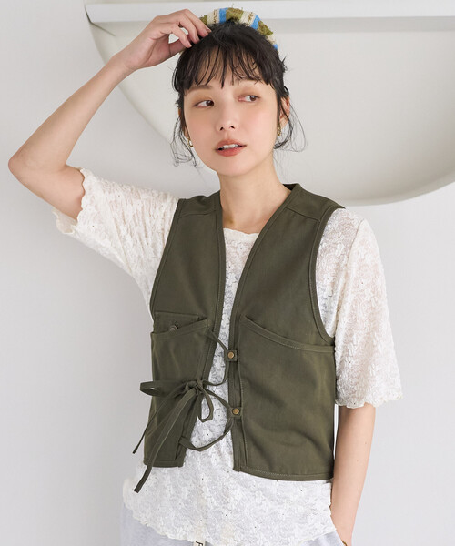 FREAK'S STORE（フリークスストア）の「ツイル リボン ランニングベスト（ベスト・レディース・ブルー/オフホワイト/オリーブ・ﾌﾘ-）」の3枚目の写真