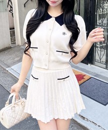 INGNI（イング）の「配色胸刺繍衿付ニットカーディガン＋ニットミニスカート／セット（セットアップ）」