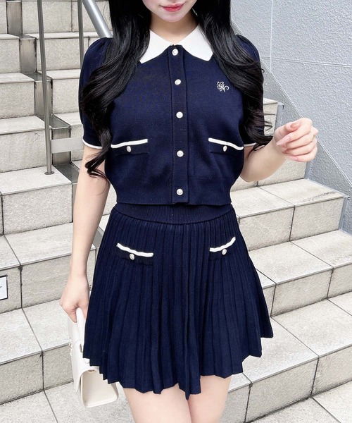 INGNI（イング）の「配色胸刺繍襟付ニットカーディガン＋ニットミニスカパン／セットアップ（セットアップ・レディース・ホワイト×ネイビー/ネイビー系/グレー×ホワイト・M）」の19枚目の写真