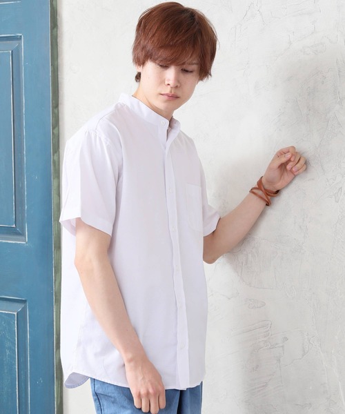 ARCADE（アーケード）の「春 バンドカラー 半袖 オックスフォードシャツ/選べるマルチ釦&ノーマル釦（シャツ/ブラウス・メンズ・サックスブルー系1/ホワイト系2/ホワイト系1/ネイビー系2/ブラック系2/ネイビー系1/ブラック系1/サックスブルー系2・M/LL/L）」の2枚目の写真