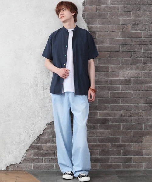 ARCADE（アーケード）の「春 バンドカラー 半袖 オックスフォードシャツ/選べるマルチ釦&ノーマル釦（シャツ/ブラウス・メンズ・サックスブルー系1/ホワイト系2/ホワイト系1/ネイビー系2/ブラック系2/ネイビー系1/ブラック系1/サックスブルー系2・M/LL/L）」の15枚目の写真