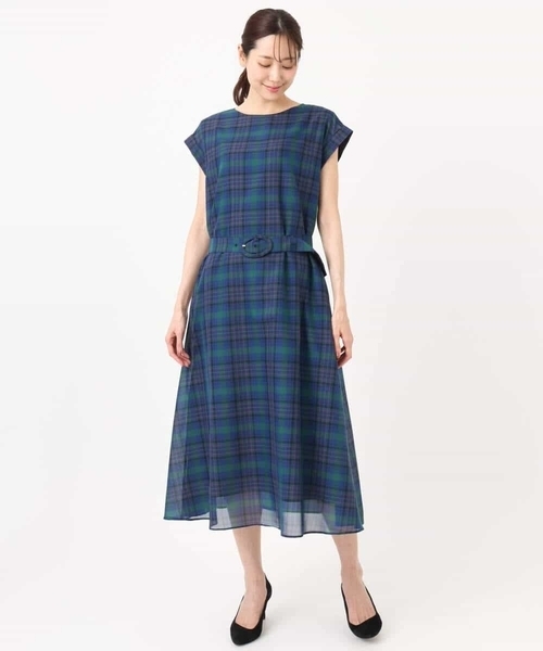 MK MICHEL KLEIN（エムケーミッシェルクラン）の「[洗える]オーガンジーチェック柄フレアシルエットワンピース（ワンピース・レディース・ネイビー/ベージュ・38）」の5枚目の写真