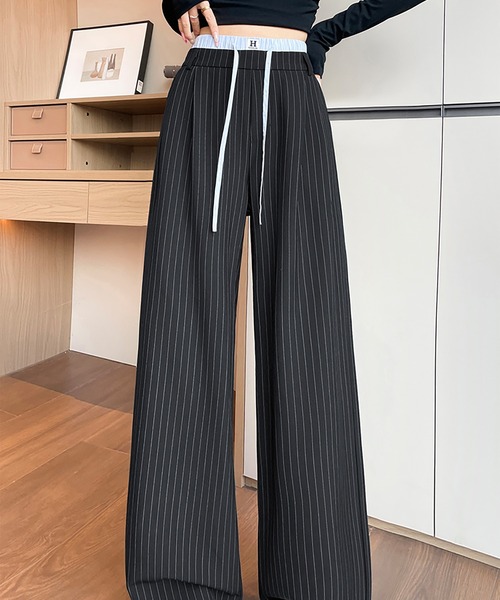LAFFMO（ラフモ）の「ダブルウエストストライプワイドパンツ（その他パンツ・レディース・ブラック/グレー・F）」の3枚目の写真